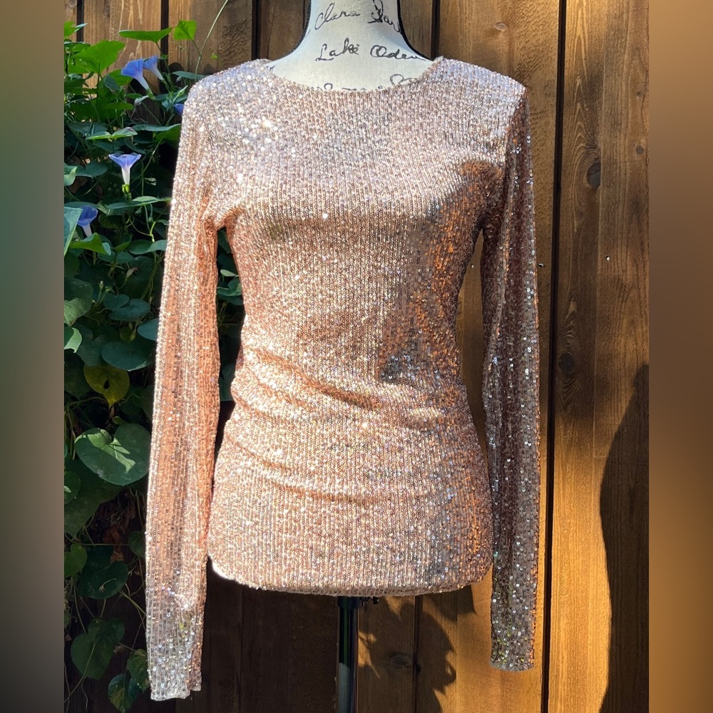 Free People Intimately Long Sleeve Sequin Gold Rush Top Rose Gold Size S NWT